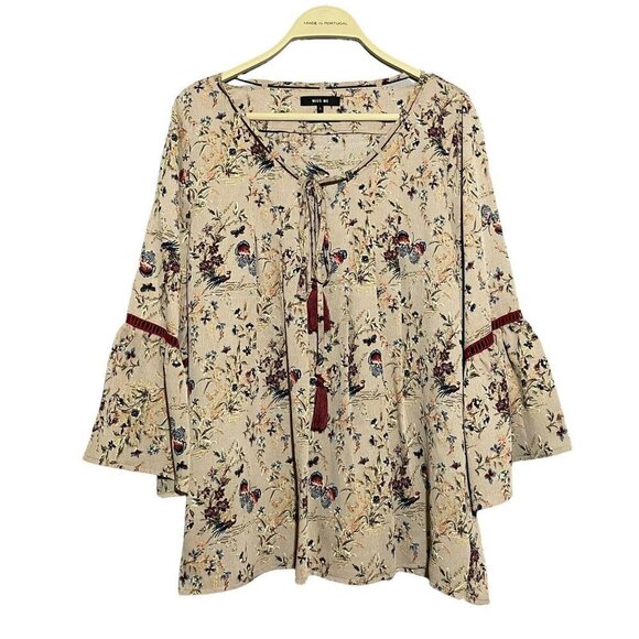 Miss Me Blouse Women Sz S Tassel Butterfly Flare Wide Gypy Hippie Boho Pheasant - Picture 1 of 10